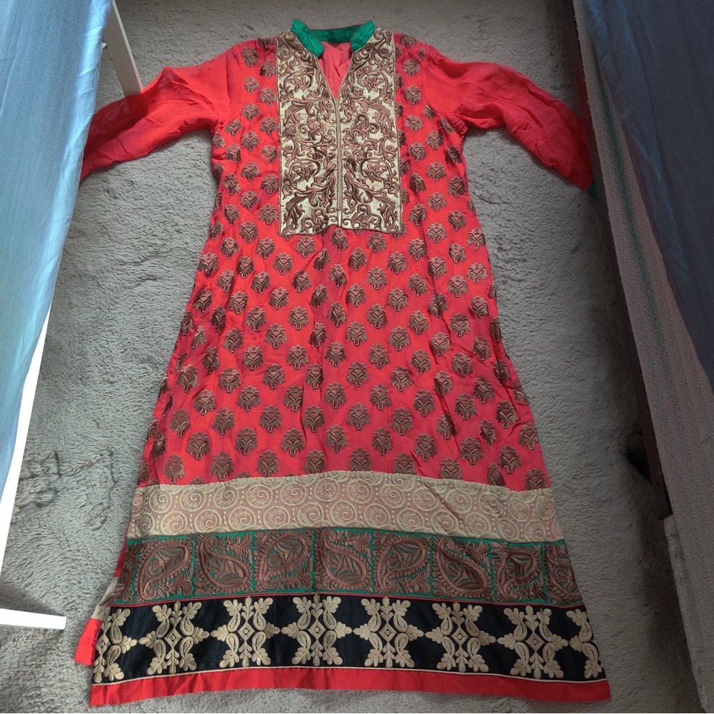 Salwar Kameez Punjabi Suit Georgette Embroidered Red Gold Indian Dress Top Tunic